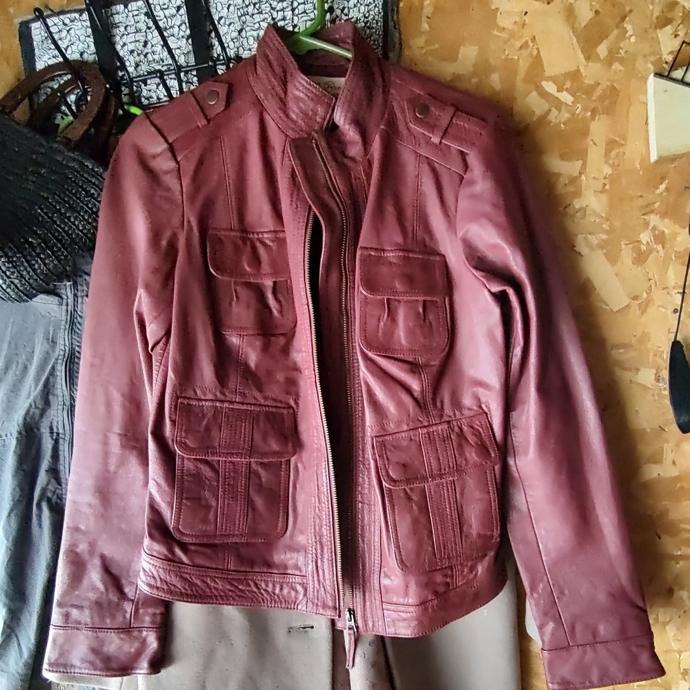 Lucky Brand red leather Moto jacket. M